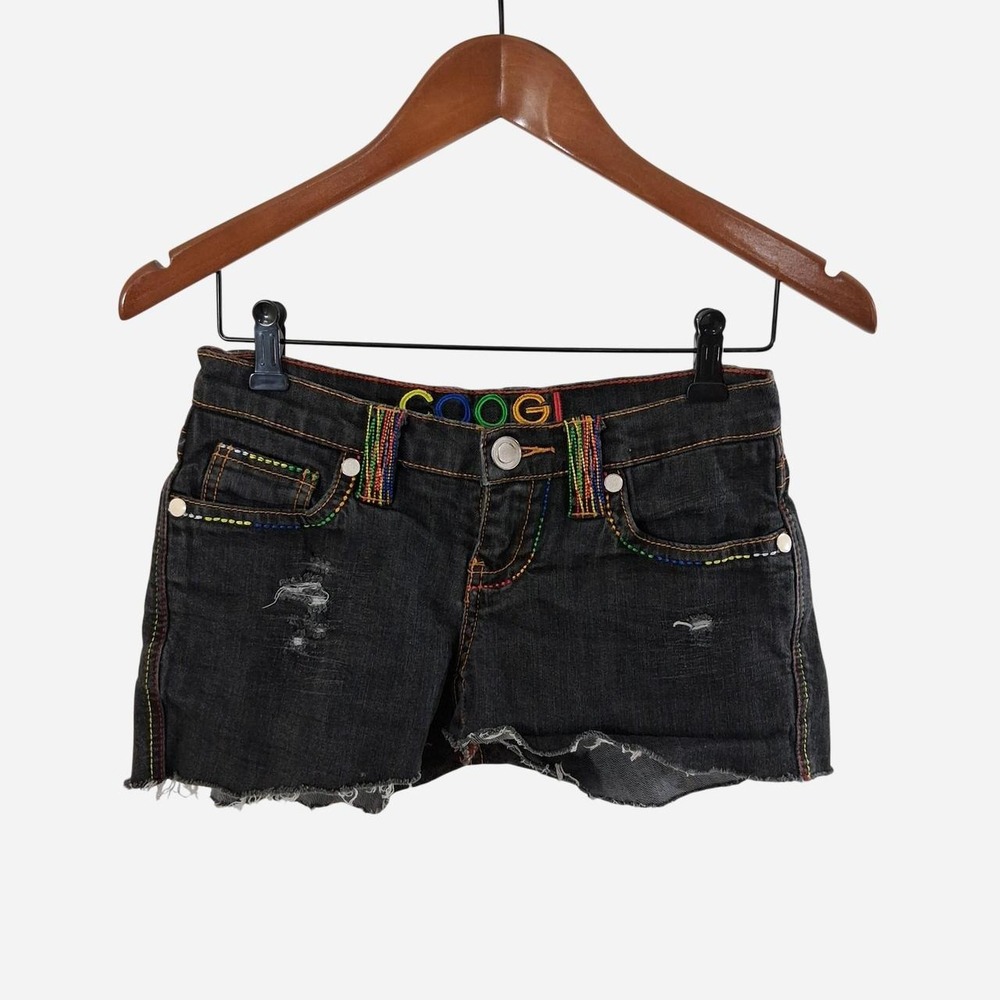 VTG COOGI Distressed Denim Shorts Women's 3/4 Thrashed Grunge Embroidered Y2K